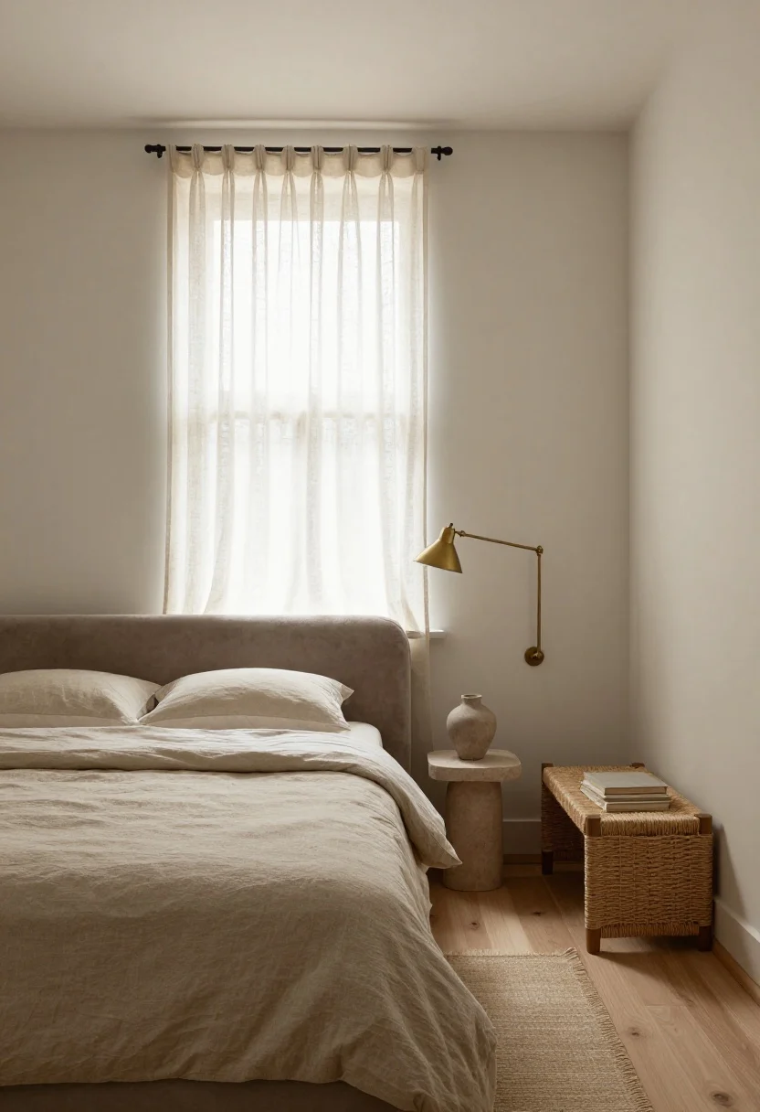Oatmeal linen bedding with a mushroom velvet headboard, antique brass swing-arm lamp, and a linen curtain drifting beside a rush bench.
