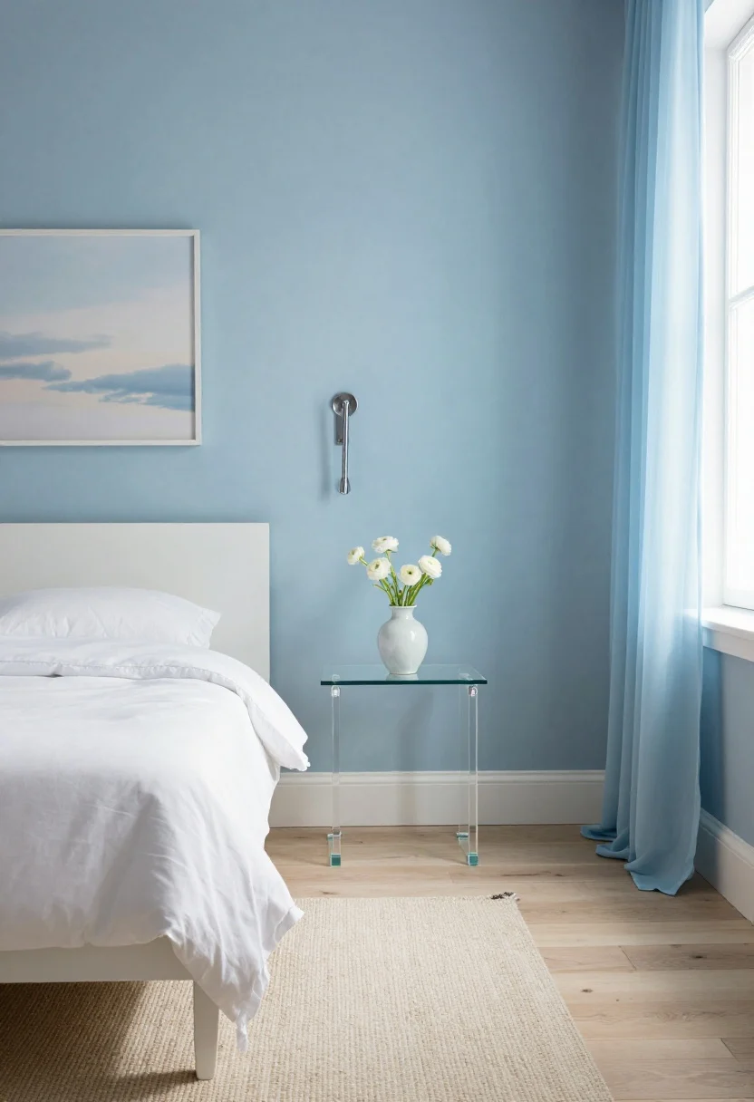 Small airy bedroom with a pale blue wall, crisp white bed, a disappearing acrylic side table, chrome sconce, and a pearl-blue sheer at the window.