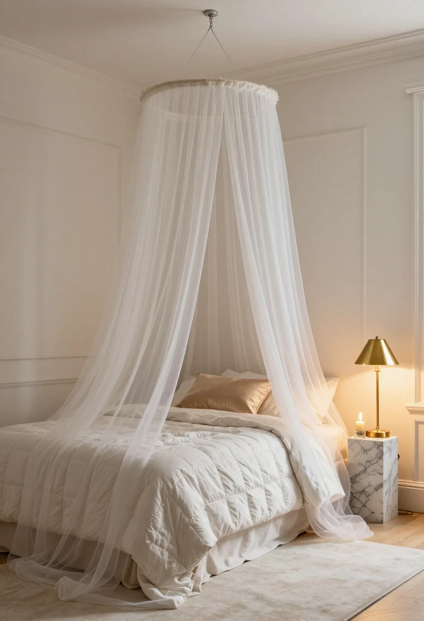 Intimate small bedroom with a sheer canopy, ivory and pearl-gray bedding, satin-brass lamp, marble pedestal with taper candle, and a pale shimmering rug.