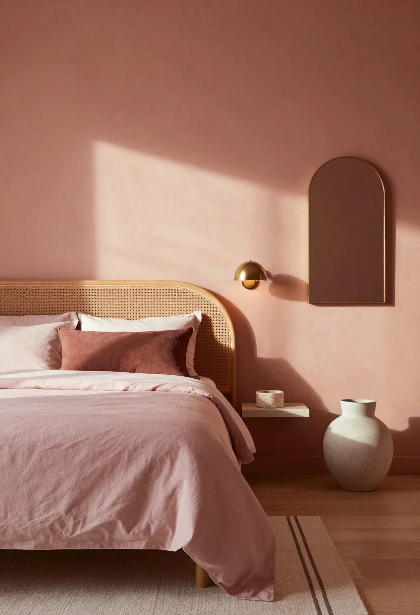 Compact bedroom with a chalky blush wall, arched rattan headboard, shell-pink and clay linens, brass dome sconce, and a slim brass mirror.