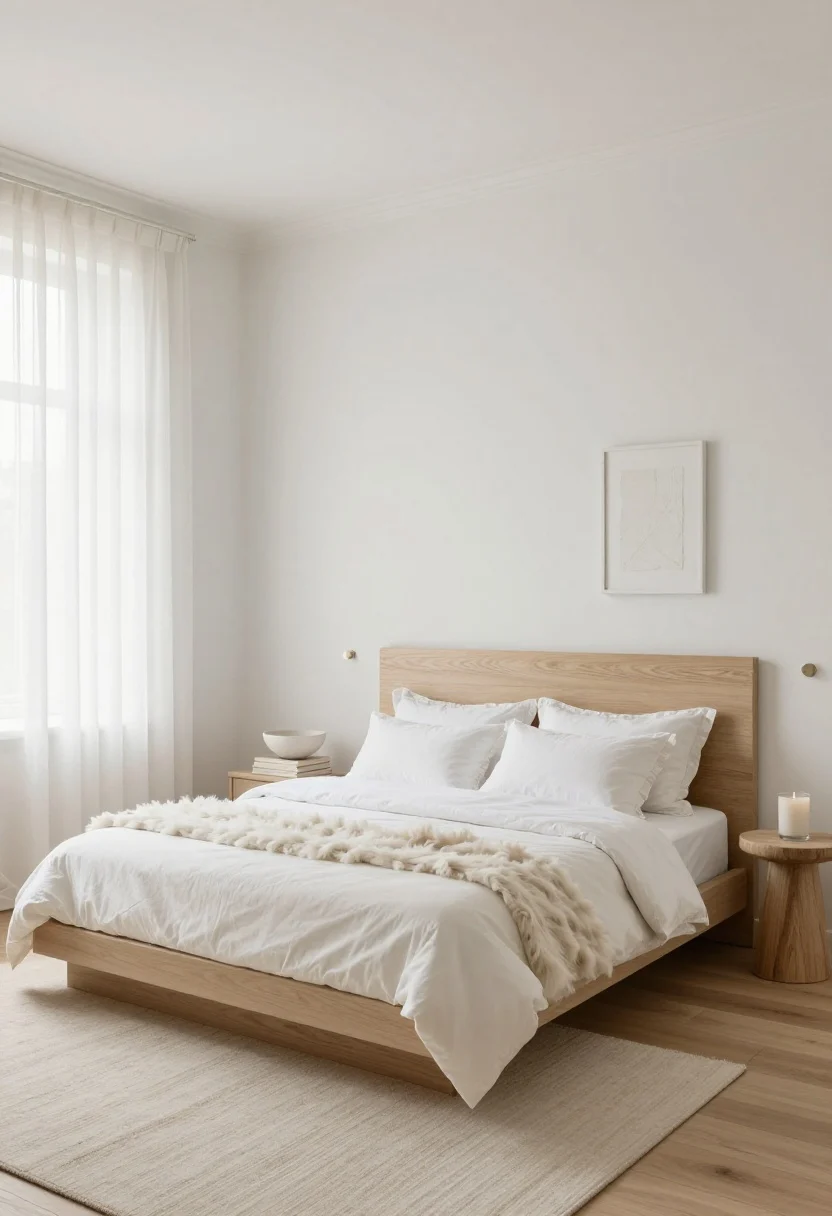 Small light-filled bedroom in layered whites with a pale oak headboard, gauzy curtains, and delicate nickel pin lights above a cloudlike bed.