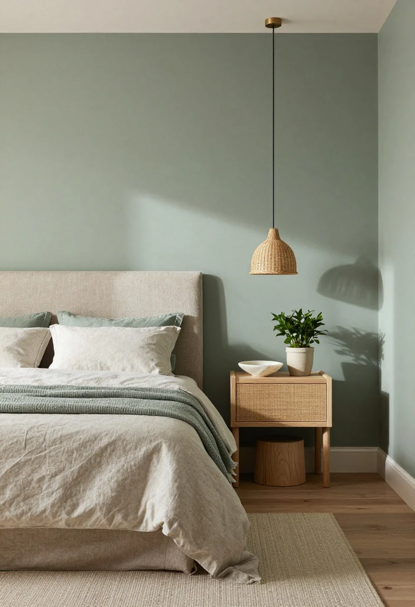 Soft sage bedroom with a linen-flange headboard, pale stone sheets, grasscloth console nightstand, and a petite rattan pendant casting woven light.