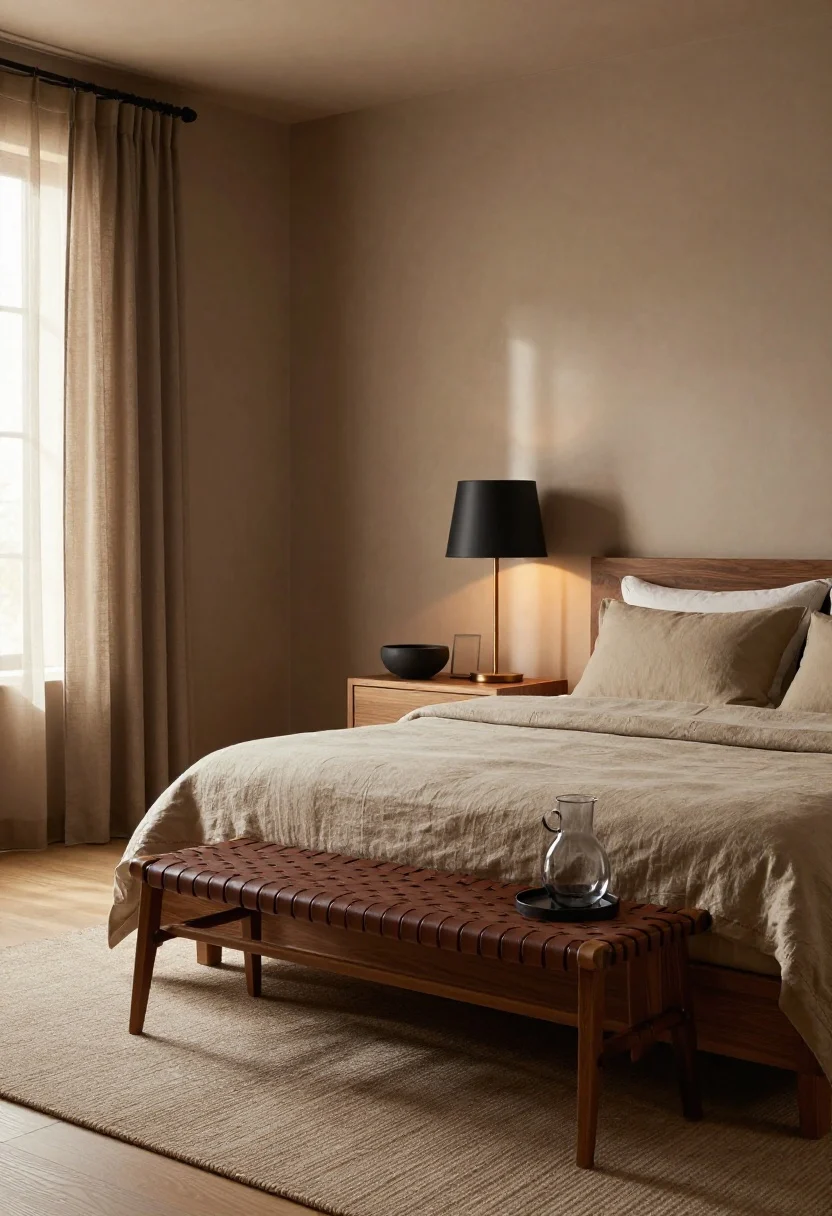 Warm taupe bedroom with espresso low bed, woven-leather bench, bronze and black lamps, sheer taupe panels, and a marled mushroom flatweave rug.