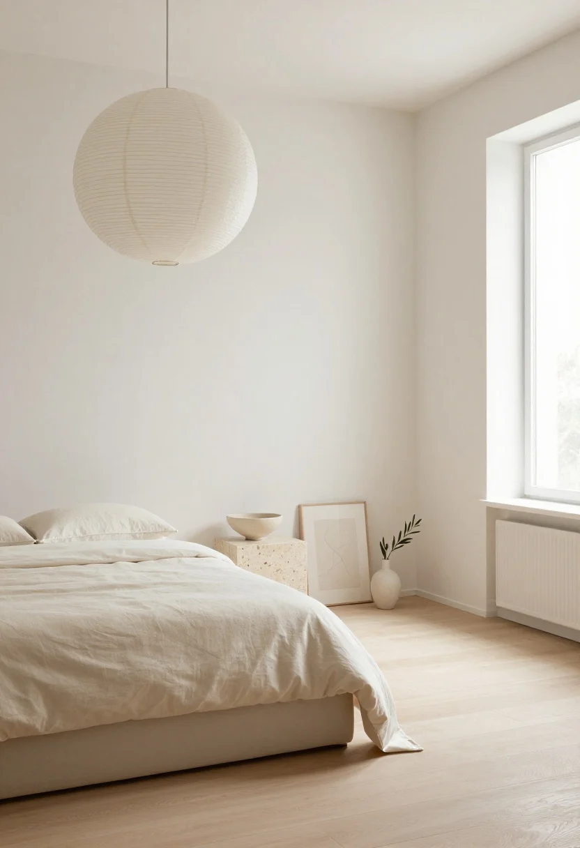 Minimalist neutral bedroom with pale wood platform bed, ecru bedding, travertine cube nightstand, and a round paper lantern pendant.