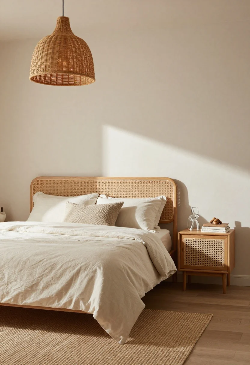 Neutral bedroom with rattan headboard, cane-front nightstand, abaca striped rug, and a woven pendant casting lattice shadows.
