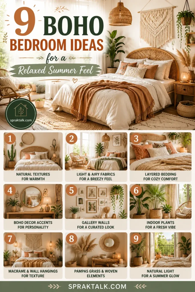 Love a laid-back, cozy bedroom? These boho bedroom ideas bring a relaxed summer feel with light fabrics, natural textures, and warm earthy tones. Discover stylish decor tips, layered bedding, and breezy design ideas that turn your bedroom into a calm, dreamy retreat.
