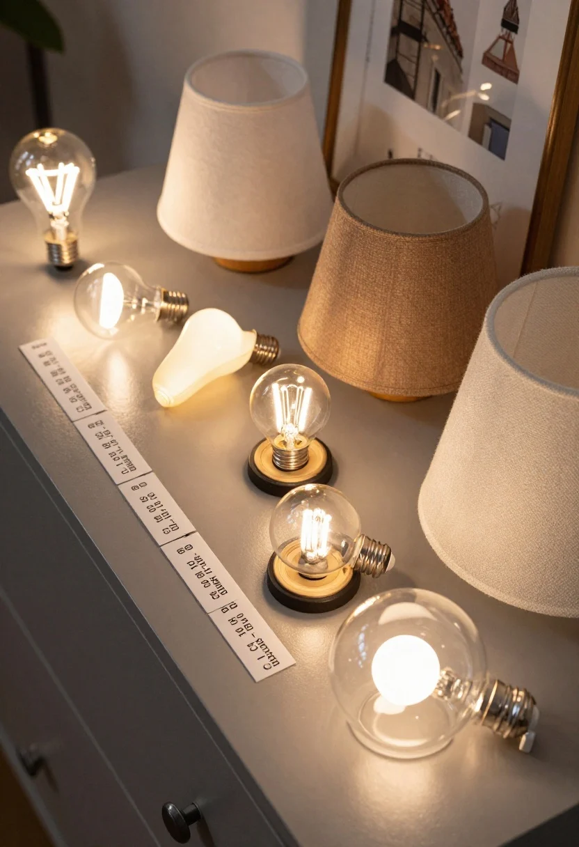 Closeup detail: A curated selection of bulbs and shades laid out on a dresser: warm 2700–3000K LED bulbs labeled 90+ CRI, a slightly cooler 3000–3500K bulb set aside for task use, lumen notes ranging 800–1600 per zone, and two shade types—an opaque fabric shade for soft diffusion and a clear glass shade for crisp output. The scene is warmly lit to demonstrate accurate color rendering on textiles and artwork swatches.