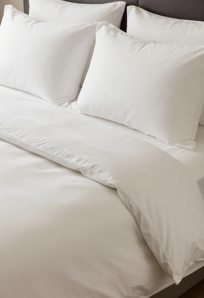 Closeup detail: Hotel-style bed layers—crisp off-white percale sheets, mid-weight subtly textured duvet in stone, a lightweight quilt a shade deeper than the duvet, pillow setup of 2 sleeping, 2 euro shams, and one long lumbar pillow across the front. Soft morning light highlights stitching and fabric weave; modern, intentional asymmetry.