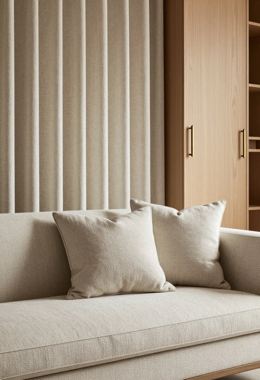 Closeup detail of custom-looking finishes: floor-to-ceiling linen drapery hung high and wide, a pillow with extra-wide contrast welt/piping on a tailored sofa, and upgraded hardware—knurled brass or matte black pulls—on a nearby cabinet. Include subtle wall paneling or slatted wood behind the sofa. Soft, directional light highlights craftsmanship and texture.
