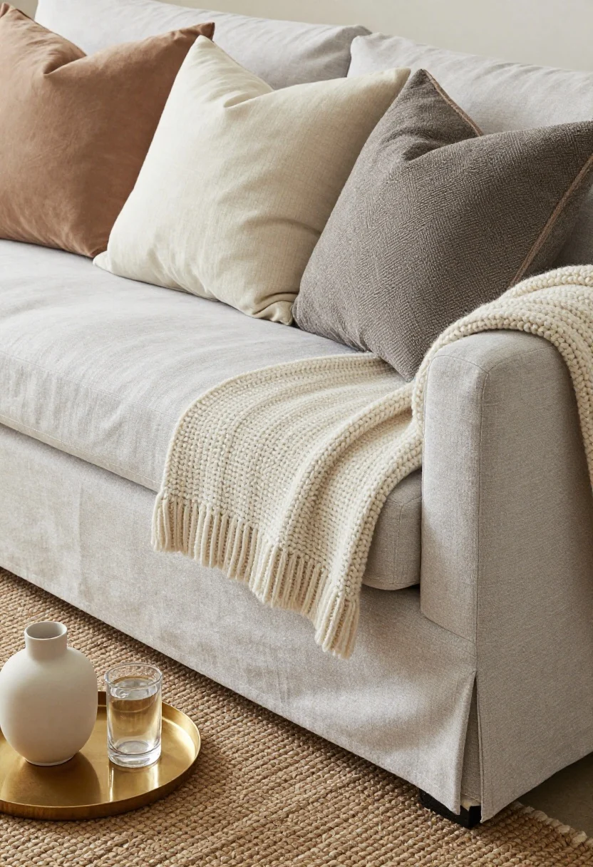 Closeup detail shot: a smooth light-gray linen sofa draped with a chunky nubby knit throw, pillows in linen, velvet, and bouclé in a cohesive palette of cream, warm taupe, and charcoal; beneath, a woven jute rug with low pile. On a slim brass tray, a matte ivory ceramic vase sits beside a clear glass candle holder; soft afternoon natural light grazes the textures, highlighting the mix of matte and reflective finishes.