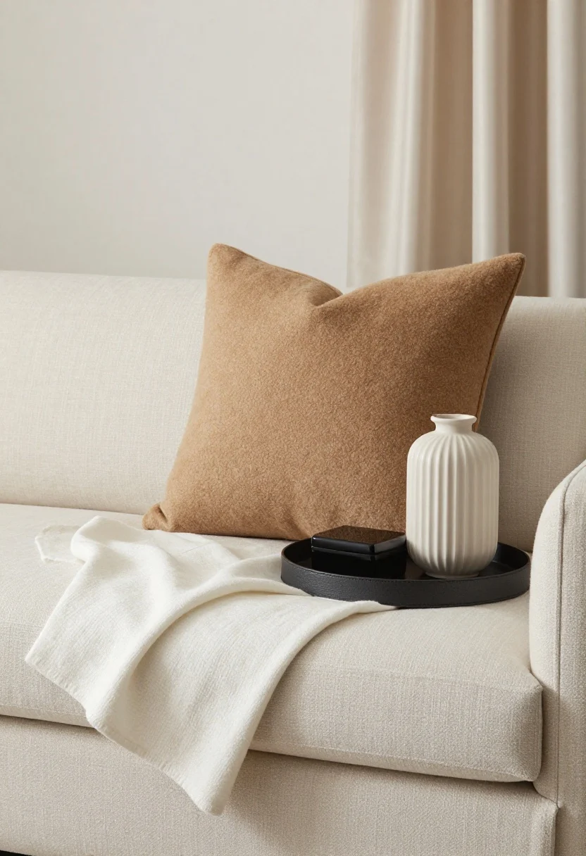 Closeup detail shot of layered neutral textures on a sofa setup: ecru performance-linen sofa with a chunky camel boucle pillow, a slubby warm-white linen throw draped over the arm, and a smooth charcoal leather tray on the seat holding a ribbed matte-ceramic vase beside a small glossy lacquer box; background shows matte warm-white wall and soft satin-finish cream drapes catching diffuse daylight; emphasize varied texture scale and a gentle play of matte vs satin sheen, palette limited to ecru, warm white, camel, and charcoal.