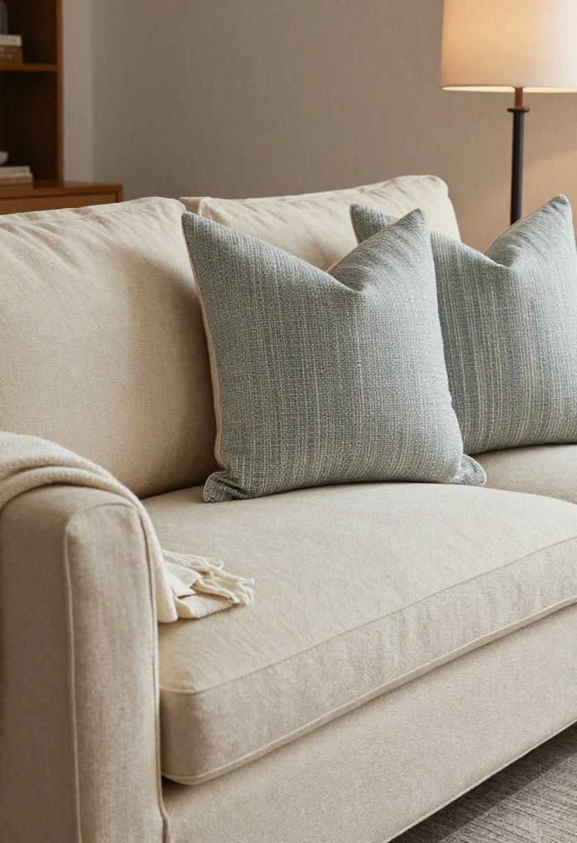 Closeup of a summer-weight sofa styling: for a three-seater, two larger 22" pillows in linen and cotton slub (one solid sand, one soft blue-gray pattern) plus a contrasting deeper-toned lumbar; a light throw casually draped over the arm for shoulder use; breathable, touchable textures; warm, dim evening lamp light emphasizing material contrast