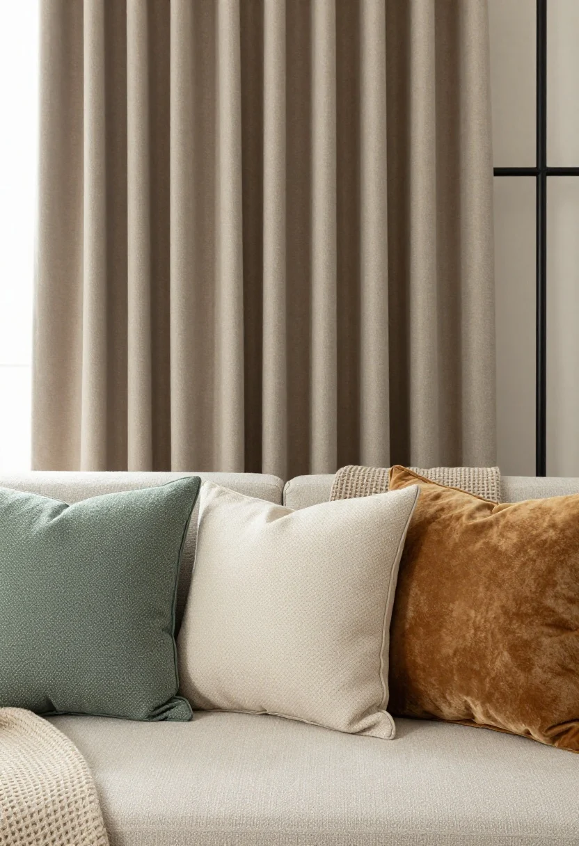 Closeup textile vignette: upgraded pillow covers on a sofa—mix of solids (sage green, cream), micro-patterns (subtle pin-dot), and one “wow” texture (rich caramel velvet). In the background, floor-length curtain panels hung high and wide on a simple matte-black metal rod, skimming the floor to make the window appear larger. Two throws layered over the arm: one structured waffle knit in oatmeal and one soft faux fur in ivory. Cozy, evenly lit scene.