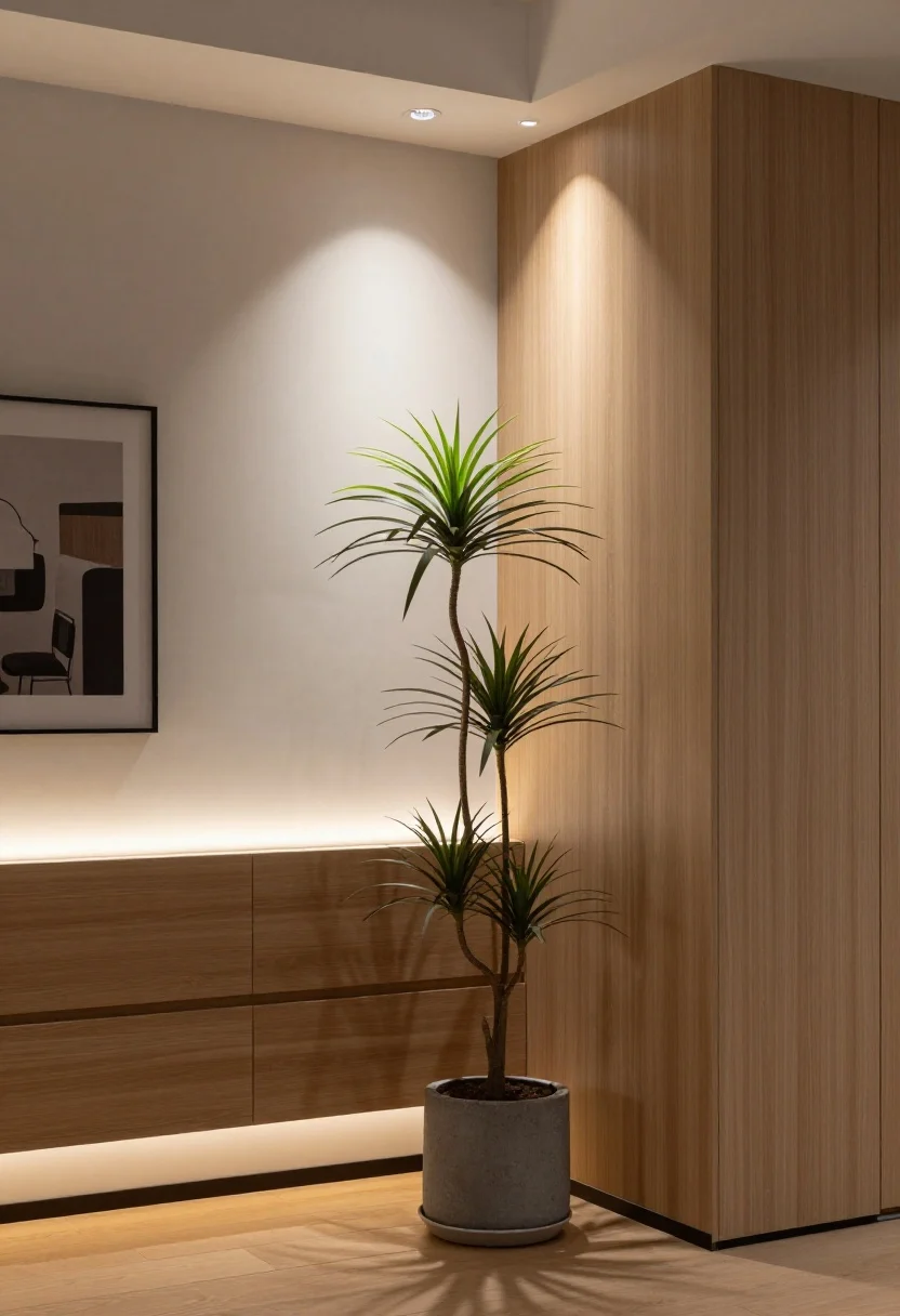 Corner angle detail: Accent lighting used to sculpt the space. A discreet floor uplight transforms a once-dead corner with a soft glow on a tall plant, a picture light adds gallery polish above framed artwork, and a gentle LED strip backlights the headboard for a subtle halo. A narrow beam spot washes texture across slatted wood wall panels, and toe-kick lights under a dresser create a low, guiding glow path.