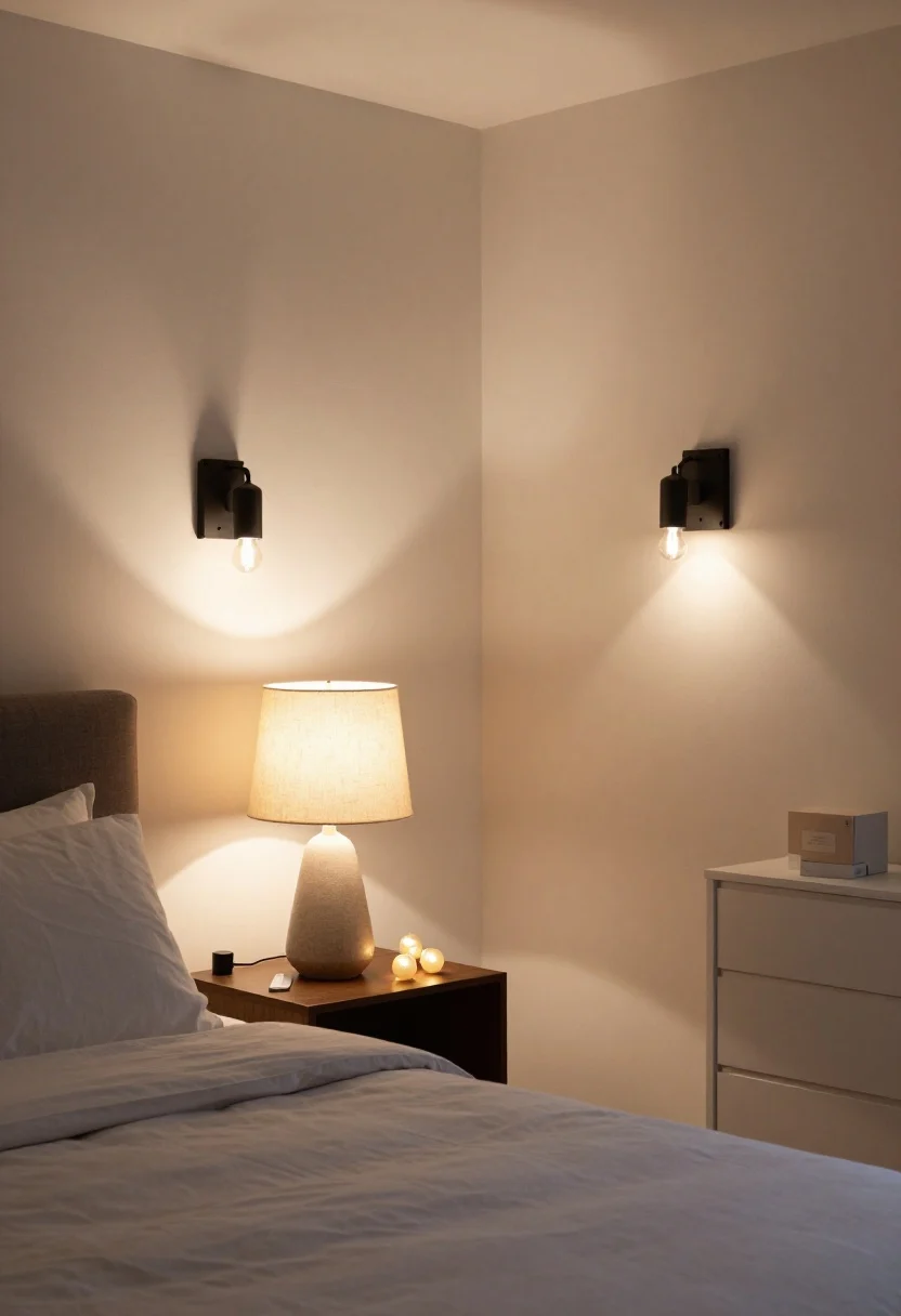 Corner-angle medium shot of a bedroom lighting scheme with layers: a linen-shaded table lamp on a nightstand (fresh pleated shade upgrade), a pair of matte black clip-on plug-in sconces mounted above each nightstand, and a dim, warm overhead pendant off, while all bulbs glow at 2700–3000K; a plug-in dimmer switch visible on the cord; warm, ambient pool of light on the bed and soft task light at the nightstand for reading; include spare warm LED bulbs on the dresser and a replacement shade box in the background; photorealistic, cozy evening lighting, no people.