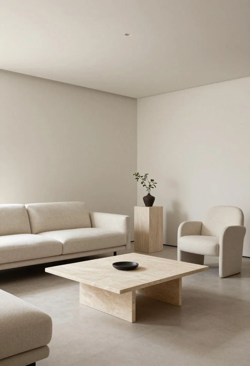 Corner-angle medium shot showcasing furniture with architectural lines: a curved sofa paired with a rectangular stone coffee table, a pedestal side table, and an accent chair with sculpted arms. Maintain cohesive proportions with similar seat heights. Furniture floated off the walls to create zones, and a plinth displaying a small sculpture or plant adds gallery energy. Neutral palette, gentle natural light.