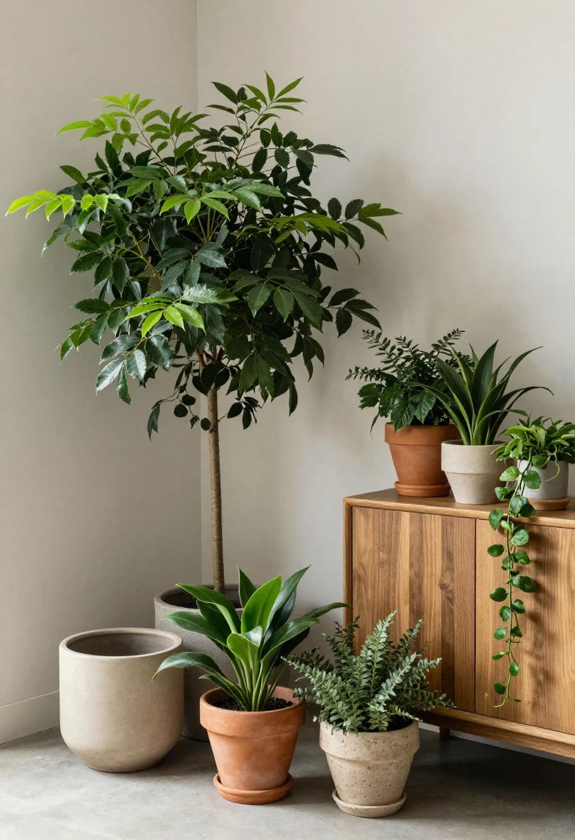Corner medium shot: Greenery at varied heights—an oversized floor plant anchoring an empty corner in an unglazed ceramic planter, a cluster of tabletop plants of different textures on a wood console, and a trailing vine softening a shelf edge; planters in terracotta, stone, and unglazed ceramic, arranged in odd-number groupings; soft, natural light with gentle shadows for a fresh, calming feel; no people, photorealistic.