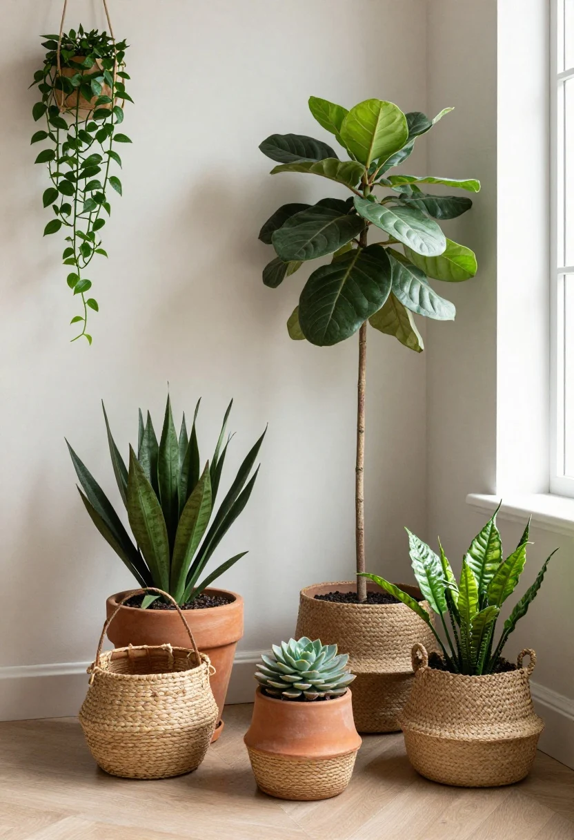 Detail closeup: A styled grouping of easy greenery on a bedside and floor—tall floor plant, tabletop succulent, and a trailing pothos vine—arranged in odd numbers. Planters are terracotta and woven basket covers, with a small plant stand and one hanging planter partially visible. Soft summer window light, earthy textures, subtle highlights on leaves; include note of rotation via even growth silhouette.
