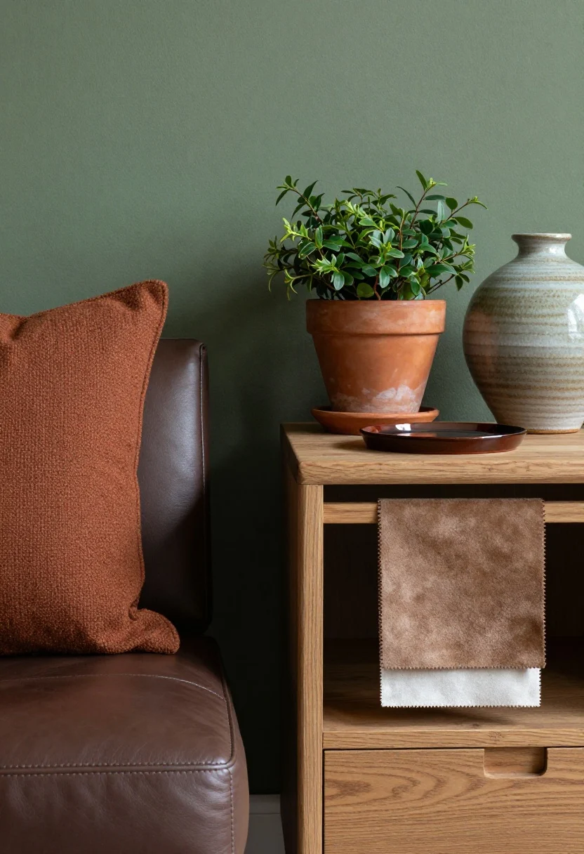 Detail closeup: A vignette on a raw-wood side table beside a moss-green wall. Elements include a milk-chocolate leather ottoman edge entering frame, a terracotta planter with greenery, a rust-toned pillow corner in view. Textures highlighted: boucle fabric on an accent chair, suede swatch, and hand-thrown ceramic vase with subtle glaze. One glossy element— a small lacquered tray—adds a reflective note. Soft diffused daylight enhances earthy greens, chocolate, and clay tones.