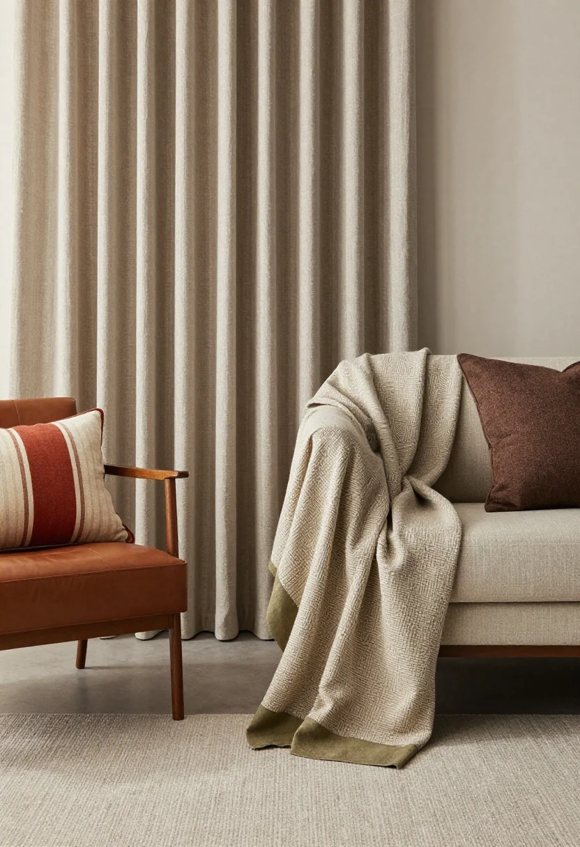 Detail closeup: Earth-tone textiles with calm patterns—linen curtains pooling lightly, a leather chair with a striped lumbar pillow in rust and oat, a cotton throw in olive draped over a sofa arm, and a wool pillow in chocolate; mix one large-scale pattern, one medium, and one solid on a neutral base rug; gentle natural light highlighting fabric weave and softness; no people, photorealistic.