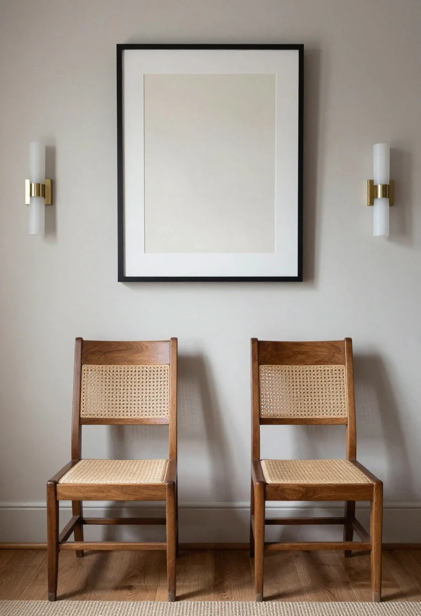 Detail closeup focusing on symmetry and lightness: a pair of matching sconces flanking a centered headboard, nightstands with visible legs to show more floor; a curated single large art piece above the headboard (no tiny scattered art); edited accessories, fewer larger pieces; natural daylight and gentle shadows emphasize airy negative space.