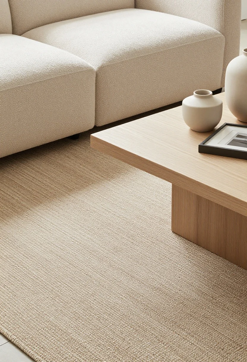 Detail closeup from a corner angle highlighting layered textures: a low-pile jute rug with a softer wool throw layered on top, the edge of a cloudlike upholstered sofa, a sleek pale oak coffee table holding matte ceramic vases and a matte-finish picture frame; mix of nubby wool, smooth ceramic, light wood, and matte metal accents; soft natural light emphasizing texture as the “pattern”; photorealistic.