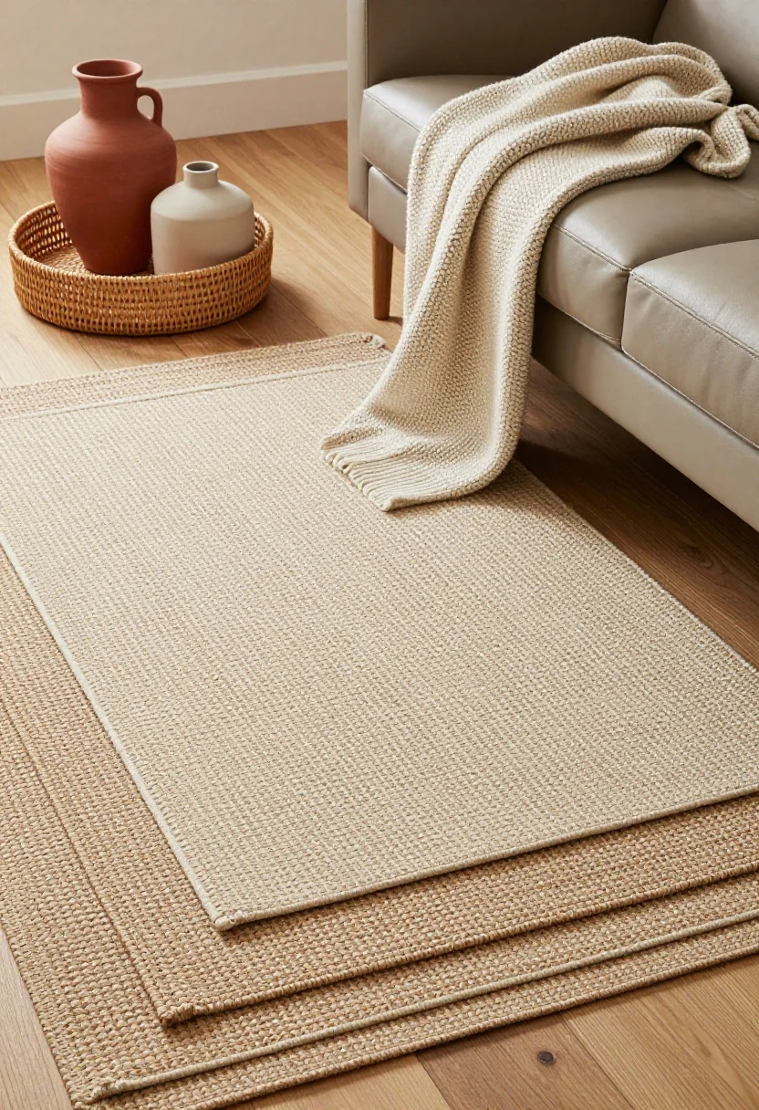 Detail closeup: Layered natural textures—an overhead view of a flatweave wool rug stacked over a chunky jute base, a rattan basket beside a terracotta vase on raw wood flooring; include a folded chunky knit throw draped over the edge of a sleek leather sofa and a small grouping of matte and lightly glazed ceramic vessels to show contrast; soft, indirect natural light emphasizing tactile surfaces; no people, photorealistic.