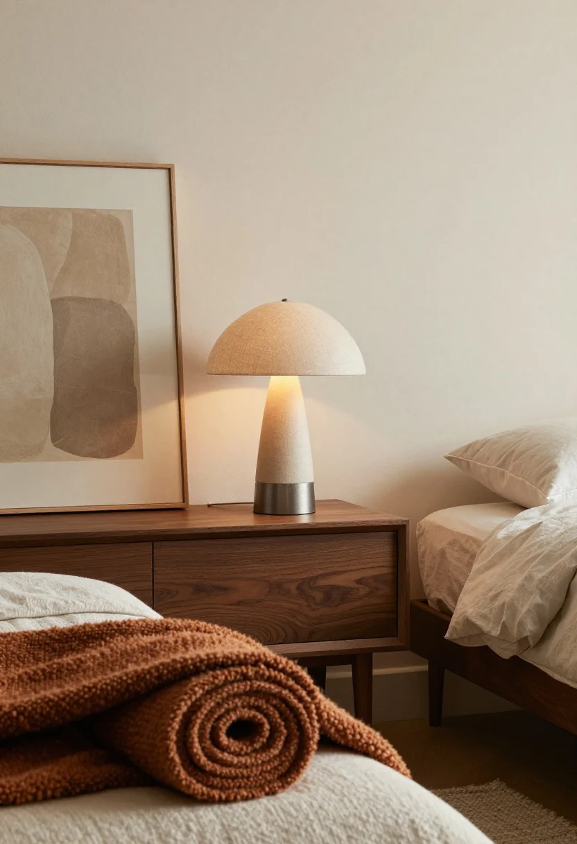 Detail closeup: Mini styling prompts montage—fabric-shade mushroom lamp replacing a metal lamp on a walnut nightstand; a single oversized soft abstract art leaning against a putty wall; a wool rug rolled out beneath the bed edge with a richly textured boucle throw layered on top. Warm, cozy lighting; photoreal textures.