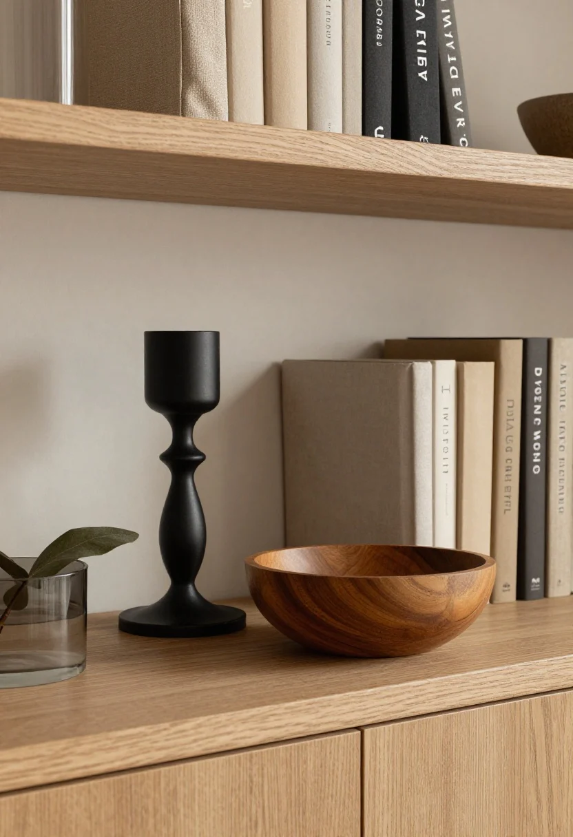 Detail closeup of edited styling: a console surface limited to three grouped items—varying heights and textures—such as a black metal candlestick, a warm wood bowl, and a small organic element (a leafy stem in a clear vase). Books on a nearby shelf arranged by tone with several neutral jackets turned uniformly. Materials palette tight to warm wood, black metal, and linen. Soft, diffused light, photorealistic texture emphasis.