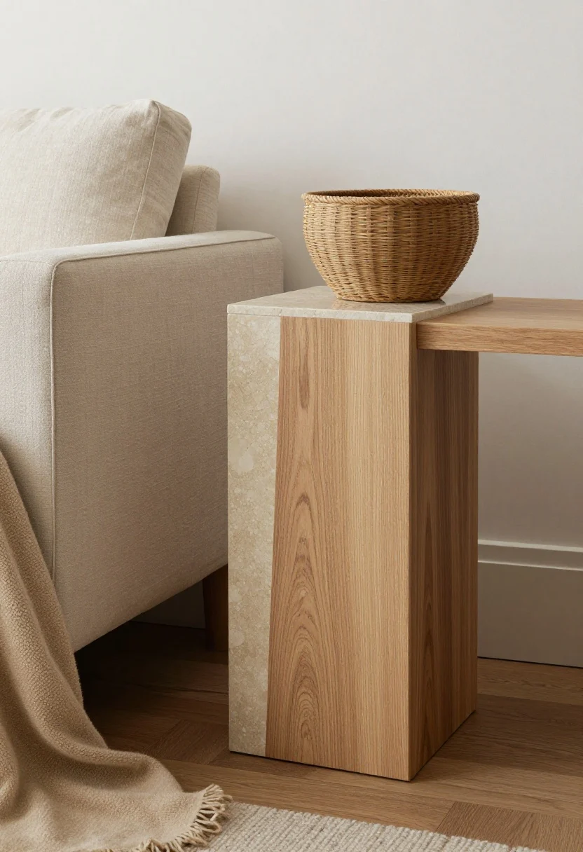 Detail closeup of natural materials with character: a honed travertine side table beside a flax-linen sofa, styled with an unglazed stoneware planter and a rattan basket beneath; nearby console in oiled oak shows grain variation; pair cool stone with warm wood, with a soft camel wool throw partially in frame; matte and honed finishes emphasized under diffuse daylight; one substantial stone piece as the focal anchor.