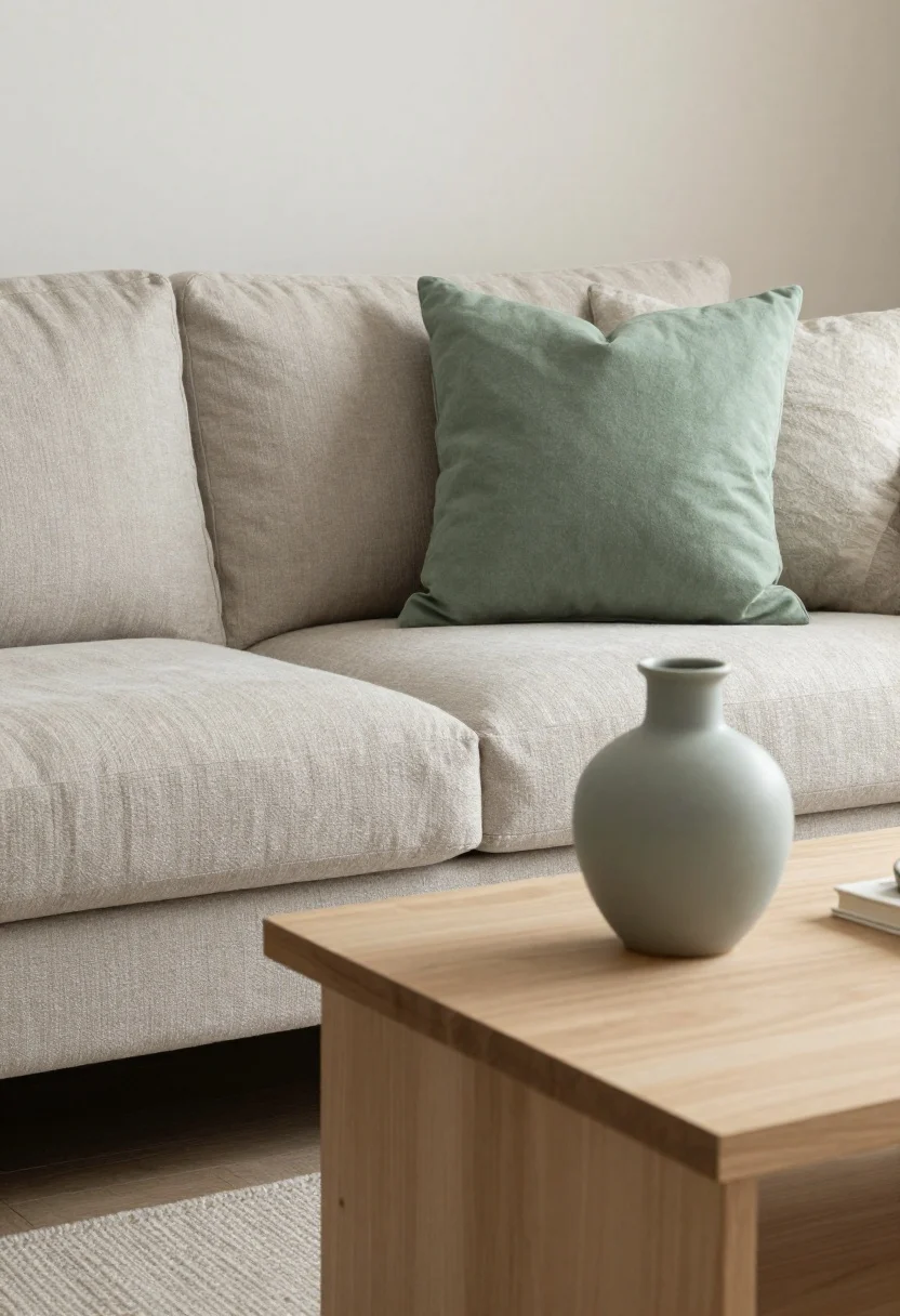 Detail closeup of restrained color with one pop: a neutral linen sofa in warm gray with textured neutral throws, plus a single sage green pillow repeated with a matching muted sage ceramic vase on a pale oak coffee table; matte, muted textiles, no shiny finishes; soft natural daylight creating a “soft exhale” mood; photorealistic.