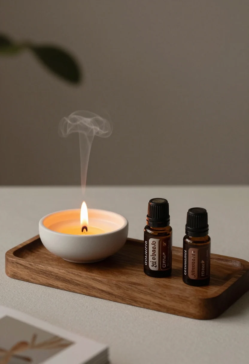 Detail closeup of summer scent styling: a minimalist diffuser on a wooden tray emitting a subtle vapor beside a small ceramic dish and a flameless candle; labeled essential oils showing grapefruit + thyme and fig, with a tiny cedar/vetiver bottle for depth; soft, atmospheric evening lighting, restrained and elegant arrangement