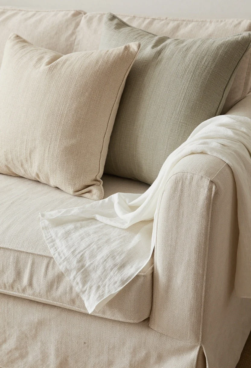 Detail closeup of summer-soft textiles on a sofa: a rumpled linen pillow cover in sandy neutral beside a cotton slub pillow in muted moss, a whisper-light gauzy muslin throw draped over the arm, and a lightweight cotton-blend bouclé lumbar; focus on breathable textures and weave details, soft evening light, no heavy knits in frame