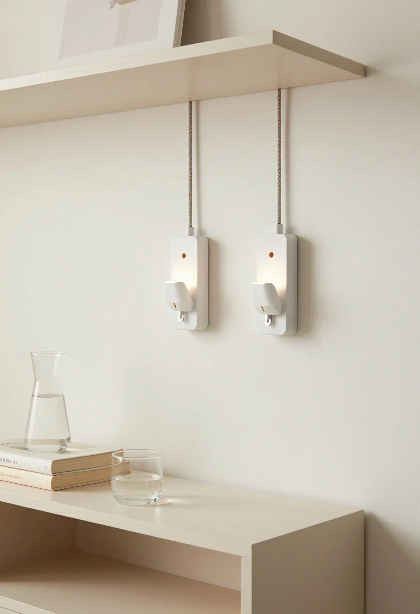 Detail closeup of vertical lighting: two plug-in wall sconces mounted above a slim floating headboard, cords hidden with a painted cord cover; floating nightstand shelves 8–10 inches deep holding a book, glasses, and a water carafe; sconces hung so the bottom aligns with seated eye level; warm-white glow against a warm white wall; minimalist, renter-friendly vibe.
