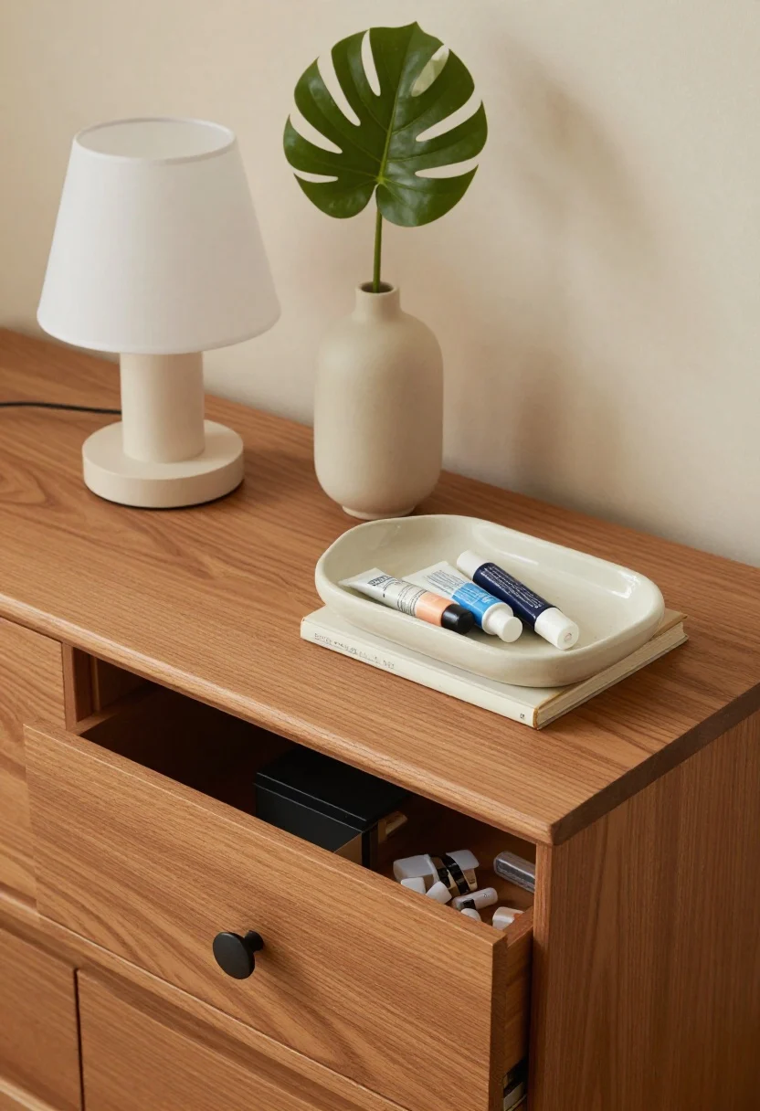 Detail closeup, slightly overhead, of a curated nightstand vignette: three-item styling—simple table lamp, a small leafy stem in a bud vase (organic element), and a sculptural ceramic tray corralling lip balm and hand cream with a slim book stack beneath; a shallow tray contains small essentials to avoid clutter; a lidded box half-open in the drawer below hinting at hidden cables/meds; finishes repeated with matte black pull and natural wood nightstand to feel cohesive; soft, warm bedside illumination; photorealistic, no people.