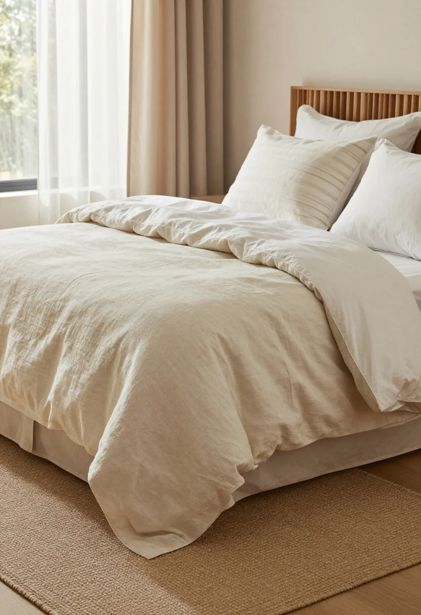 Detail closeup: Textural layering on a bed—crumpled linen duvet in bone, crisp percale sheets peeking beneath, pillowcases with a tiny fine stripe pattern, edge of a flatwoven wool rug in warm sand underfoot; in background blur, sheer linen window panels diffusing daylight and a slatted wood headboard adding organic texture; soft, spa-like natural light, no bold patterns.