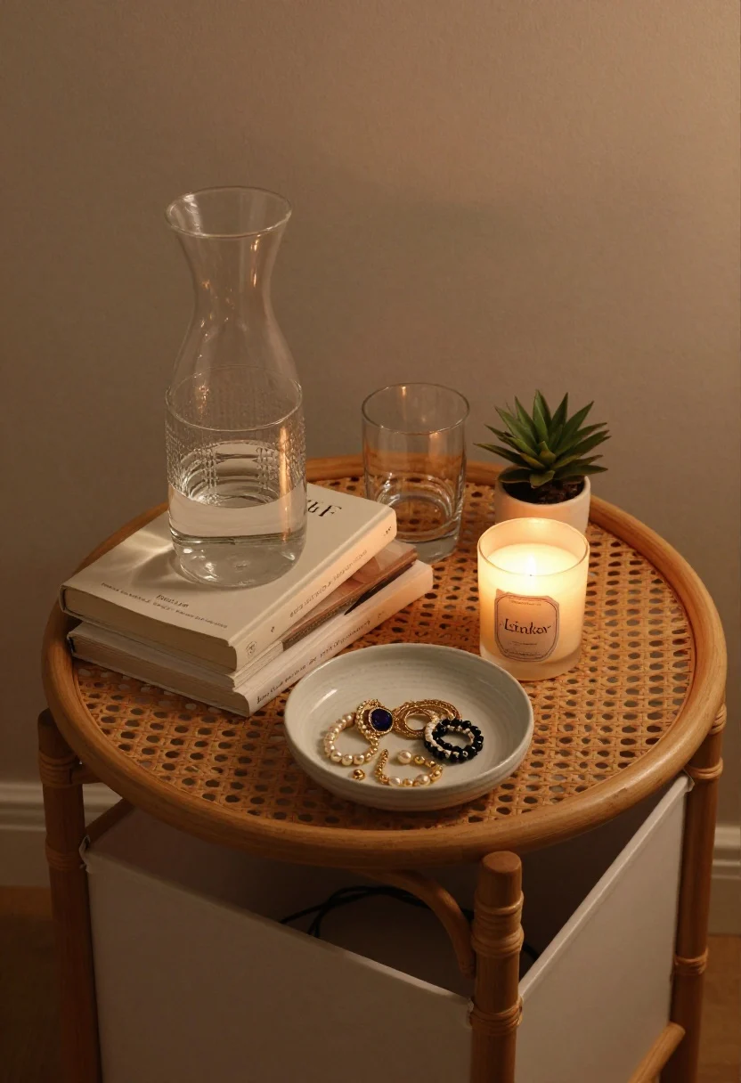 Detail overhead shot: Edited nightstand surface with tactile essentials—a clear glass carafe and tumbler, a small stack of books, a ceramic catch-all dish holding jewelry, a single candle, and a tiny plant—corralled on a rounded-edge rattan tray. Nearby closed storage box for cords is partially visible but minimal. Warm, soft ambient light; lived-in yet deliberate styling; no clutter.