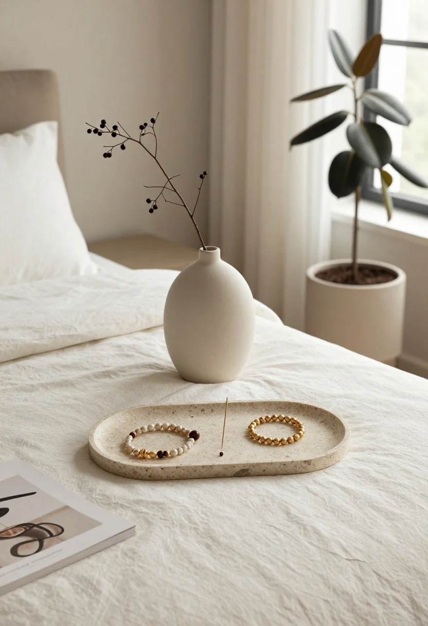Detail shot, overhead: Organic elements arranged on a bedside surface—a travertine or river-stone tray holding jewelry and incense, a matte ceramic vase with an asymmetrical single branch, and a textural paper art sample partially visible; nearby, a rubber plant in a matte pot; neutral palette, tactile finishes, soft window light.