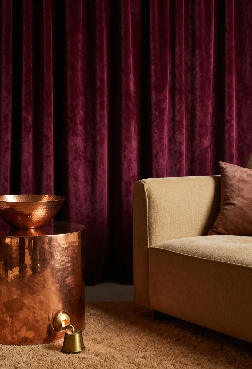 Dramatic closeup: Spiced plum velvet drapery pooling beside a wall in the same deep wine tone, contrasted by a camel wool rug and a parchment-colored linen chair arm. On a side table: a burnished copper-toned metal surface with a hammered copper bowl; nearby, an aged brass sconce glows warmly. Include a latte-toned cushion for softness. Low, moody evening light enhances the plum depth and metallic warmth; scale reads bold and boutique.