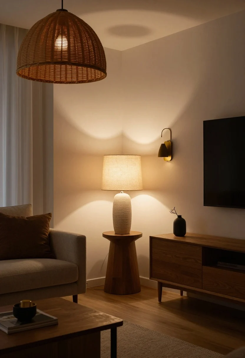 Evening wide shot: Soft, low-contrast layered lighting—a living room with warm 2700–3000K bulbs, a linen-shade table lamp on a wood side table, a rattan pendant overhead on a dimmer, and a matte black or aged brass sconce casting a quiet glow; three light sources visible (overhead, task, mood), creating a serene, grounded ambiance; natural finishes on fixtures; no people, photorealistic.