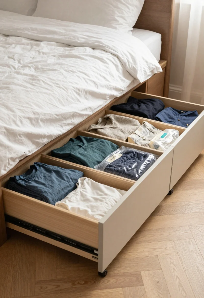Low-angle medium shot under a bed showing a storage bed with soft-close drawers open to reveal neatly folded off-season clothes and vacuum-seal bags; alternate view includes coordinated rolling under-bed bins color-matched to the medium-tone wood floor; labels on the underside edge of bins; at least 6 inches of clearance visible; quiet, early-morning lighting.