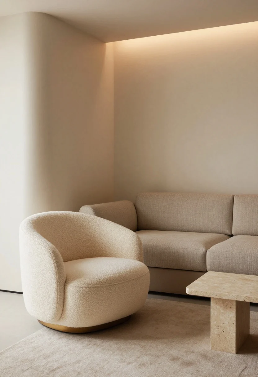 Medium corner angle highlighting sculptural seating as the statement: a curvy, armless boucle accent chair in warm ivory paired with a low-slung, linear taupe performance-linen sofa; include a slim channel-tufted bench in oatmeal near a travertine side table; textures are neutral and elevated (boucle, mohair-style throw, performance linen); balanced composition where the rounded chair contrasts the linear sofa; soft, warm ambient light enhances silhouettes.