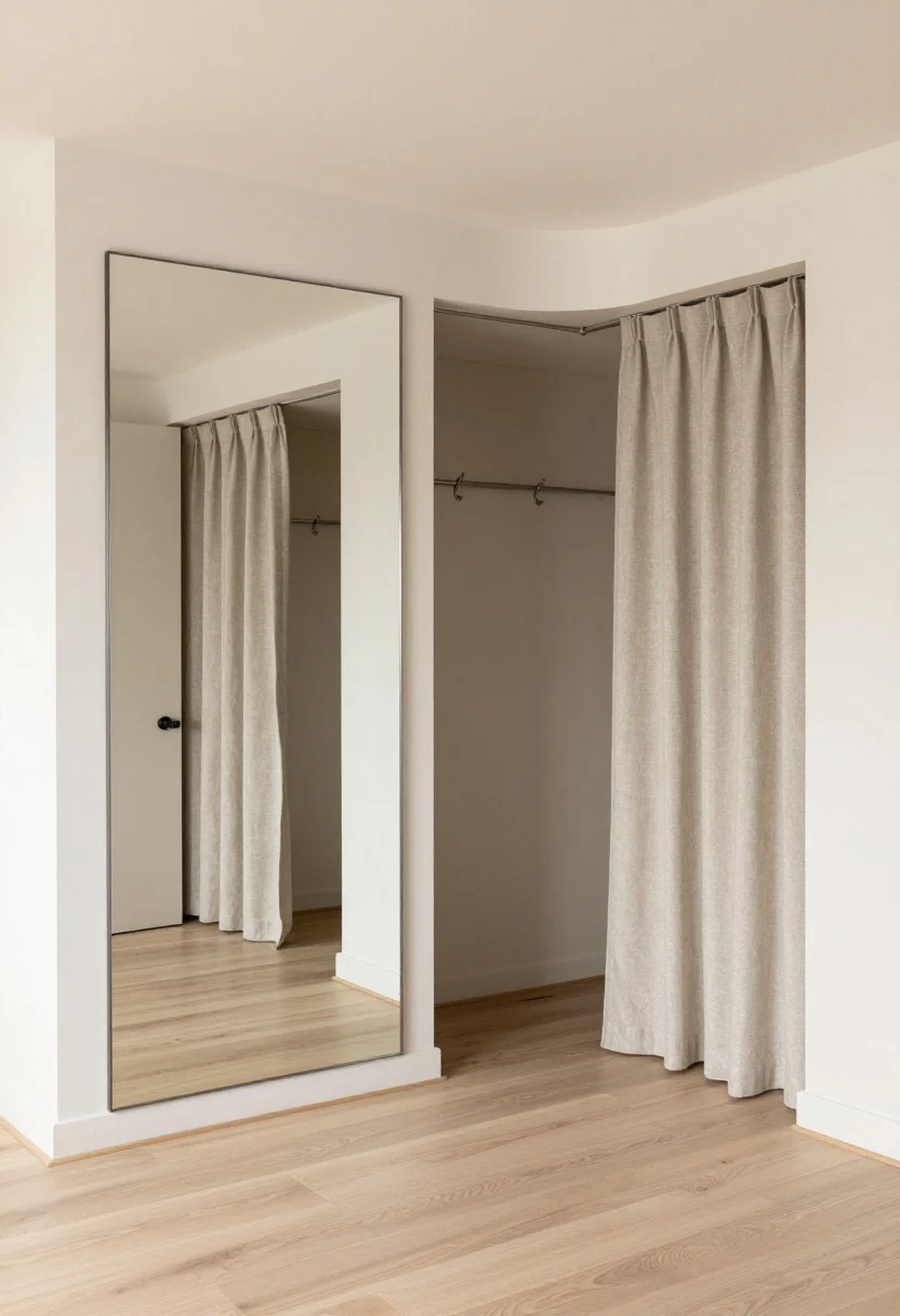 Medium corner angle showing a bedroom entry with a pocket door partially open and a closet with sliding mirrored panels; heavy linen closet curtains pulled to one side on a second closet; over-the-door hooks visible on an adjacent hallway door; clean paths and increased floor area; neutral palette with light wood floors and soft daylight bouncing off the mirrors.