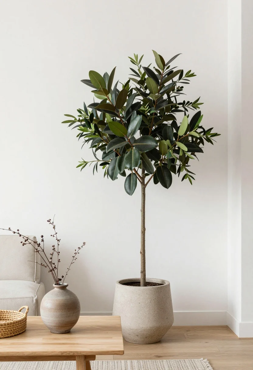 Medium corner composition bringing the outdoors in, minimal: one tall rubber plant (or olive tree) in a neutral stoneware planter beside a light wood coffee table; a woven basket nearby adding texture; a ceramic vase with dried branches in winter tones on the table; restrained greenery softening clean lines; bright but soft natural light; photorealistic.