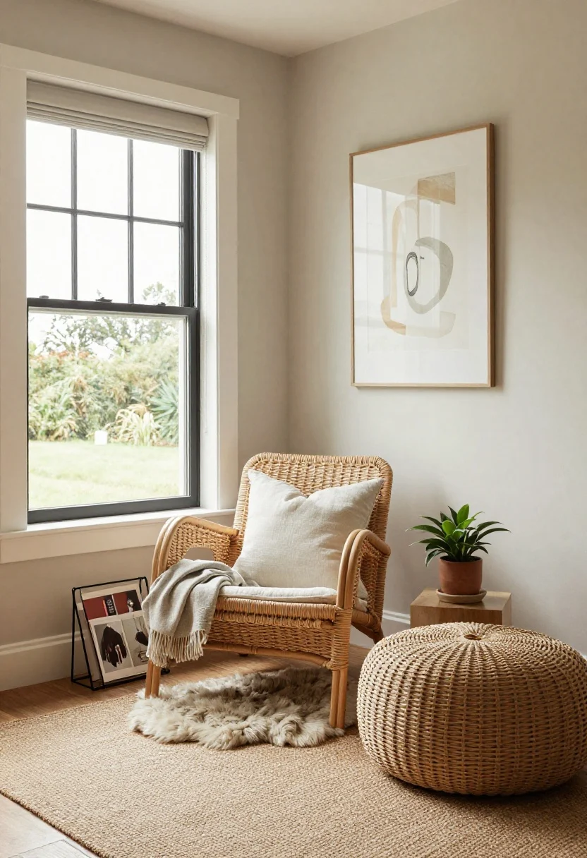 Medium corner shot: A “vacation nook” by a window with soft natural breeze—lightweight rattan lounge chair, a neutral pouf, and a compact side table. Layer a woven mat or small sheepskin under the chair for instant coziness, add a throw and a potted plant. Include a slim magazine rack tucked beside the chair. Palette consistent with the room: sun-washed neutrals and sage/terracotta accents, airy and relaxed.