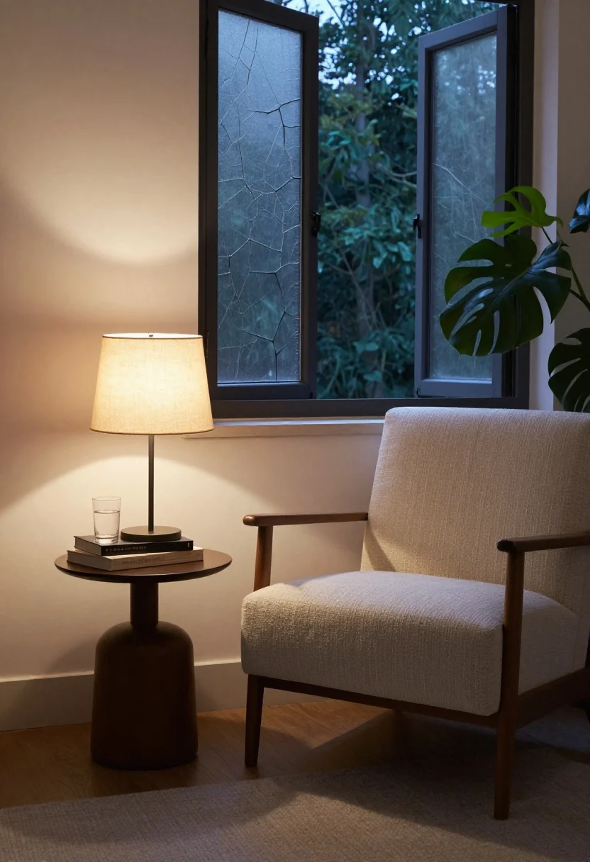 Medium corner shot of an evening anchor: a comfy accent chair in breathable linen-blend fabric, a small round side table holding a low stack of books and a glass of water, a soft table lamp with a linen shade and warm bulb creating a gentle pool of light, and a leafy plant nearby; positioned near a cracked-open window for subtle night breeze; intimate, inviting glow