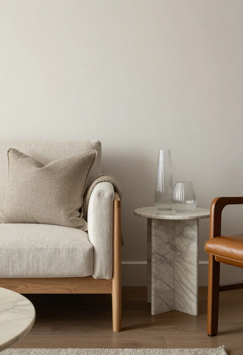 Medium detail-focused corner composition showcasing layered textures: a bouclé pillow on a nubby linen sofa, a warm natural wood accent stool, and a glossy marble side table beside ribbed glass vases. Include a chunky knit throw over a sleek leather chair nearby. Vary sheen levels—matte wall paint, satin-finish metal accent, and a polished stone tabletop. Soft side lighting emphasizes tactile depth.