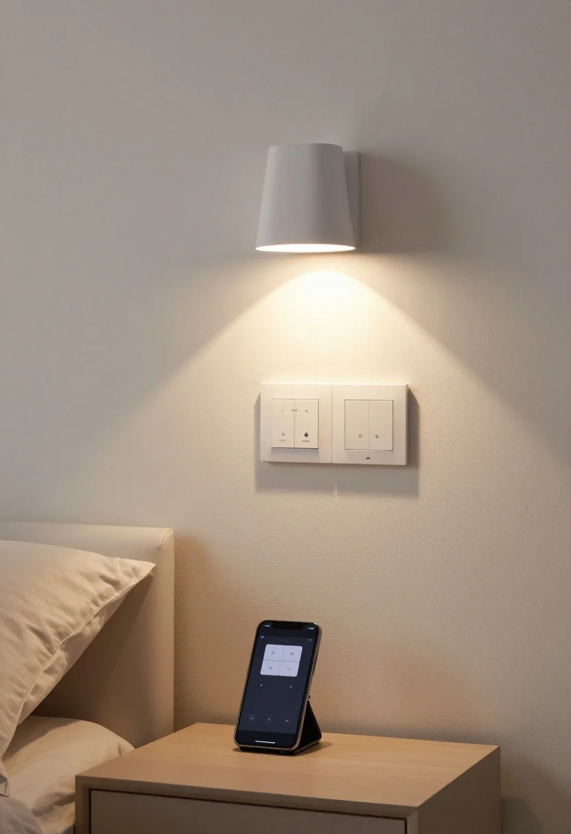 Medium shot: A bedroom wall with an LED-compatible dimmer switch panel controlling the overhead and bedside lamps, all set to warm white (2700–3000K) for evening. A nearby vanity zone shows a cooler task light (3000–3500K) for clarity. Grouped controls are visible on a small smart hub or phone on the nightstand. Lights are partially dimmed to demonstrate smooth range, with no flicker, creating a custom, high-end mood.