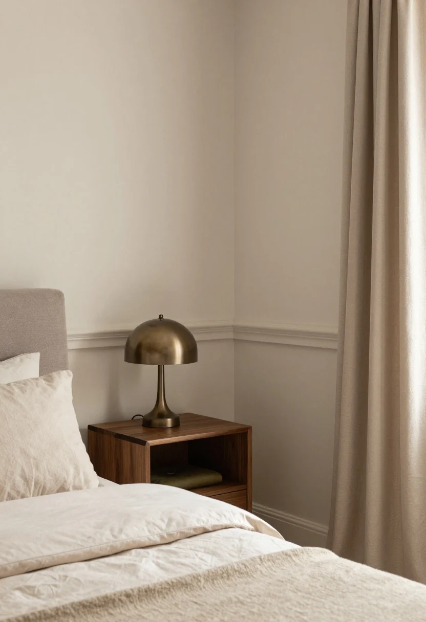 Medium shot: A cozy bedroom corner with walls painted in soft putty mushroom neutral and trims one shade darker; tone-on-tone drapery and bedding in mushroom, taupe, and chai beige; a walnut nightstand with a smoked bronze lamp adds grounding contrast; a whisper of olive in a small cushion. Warm afternoon light; calm, cocoon-like mood.