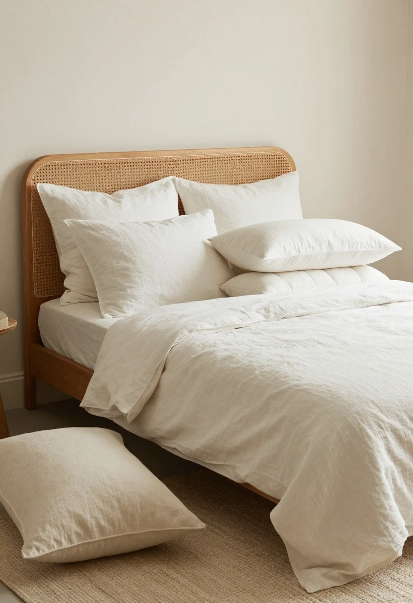 Medium shot: A cozy, low-profile platform bed setup with a rattan or cane headboard, stacked pillows—two Euro shams, two standard pillows, and one long lumbar—all in a tight, muted palette of warm whites and sandy tones. No bed skirt; airy frame visible. A cushy rug underfoot and a couple of floor pillows nearby to enhance the laid-back, loungey vibe. Emphasize breathable linen or percale cotton textiles in soft daylight.
